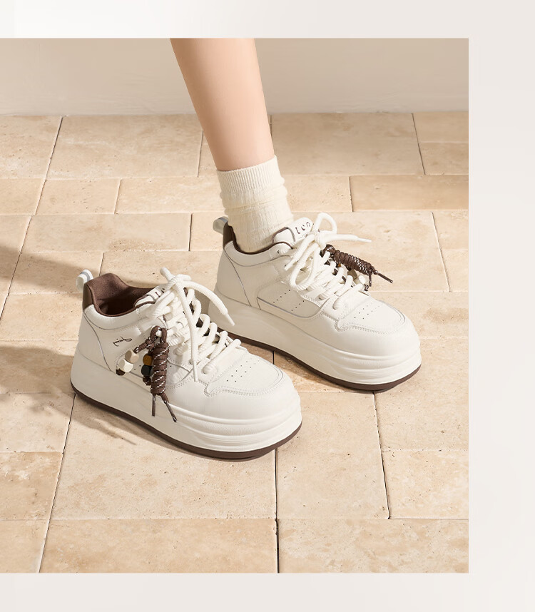 Zhuoshini Women's Thick-Soled White Sneakers 2025 Autumn New Lightweight Height-Increasing Platform Sports Shoes Beige/Brown Size 38 5