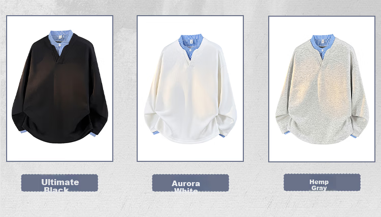 Dingfengbaoluo Men's Sweatshirt, Spring American Casual Style, Faux Two-Piece Loose Fit, Retro Shirt Collar Top, DP02 Aurora White, Size M 3