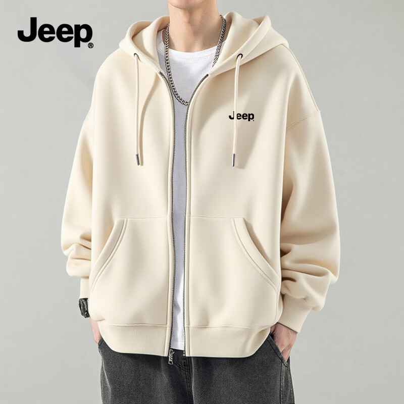 JEEP Men's Zip-Up Hoodie Autumn Winter 330G Heavyweight Skin-Friendly Casual Versatile Hooded Jacket Light Beige 2XL