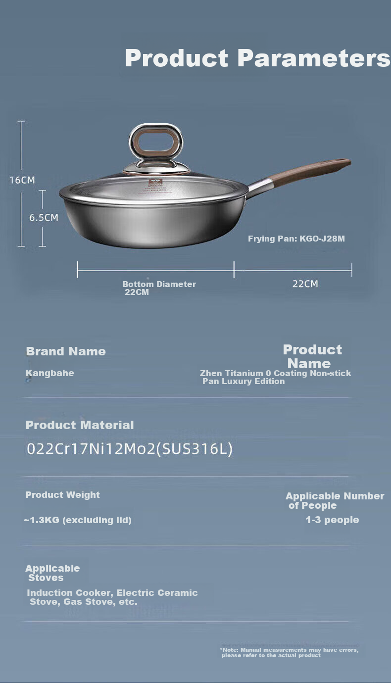 KBH Non-Stick Frying Pan, Skillet, Wok, Pure Titanium, No Coating, Antibacterial, 316L Stainless Steel, Uncoated 16