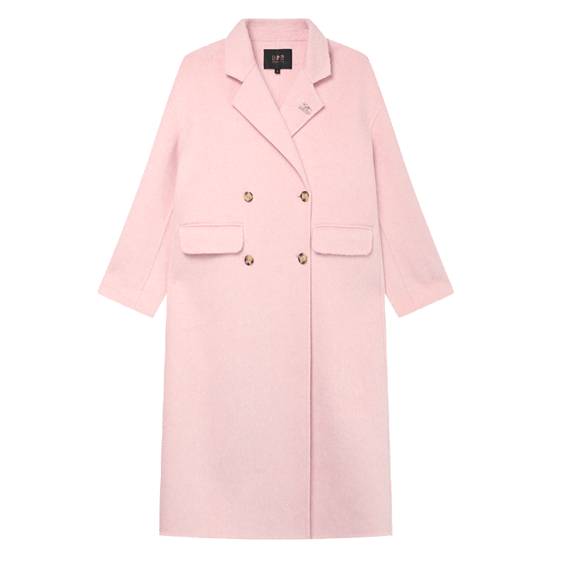 LOUISYAO Women's Winter Wool Blend Double-Sided Woolen Coat, Elegant Lapel, Thick Long Coat, Pink, Size 1 XL