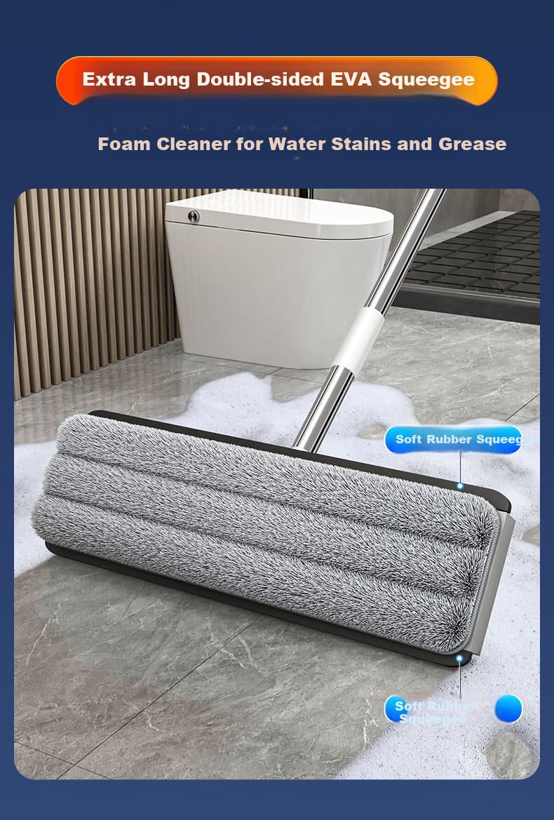 Jiabangshou Flat Mop with Scraper, 33cm Handle, 124cm Total Length, 2 Pieces with Mop Head And Bucket, All-In No-Hand Washing Tool 12