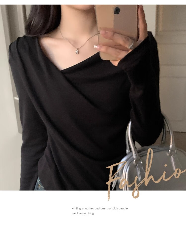 Woodpecker Dangling Collar Long Sleeve T-Shirt Women Autumn New Pure Desire Off-Shoulder Slim Fit Base Shirt Top Apricot XL 12