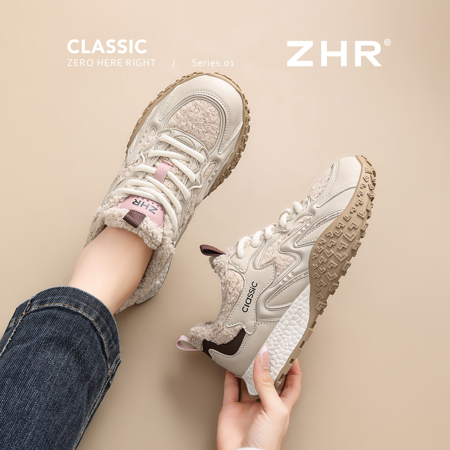 ZHR Women's Casual Shoes, Winter Lambswool Fleece-Lined Versatile Lightweight Dexun Shoes, Thick-Soled Comfortable Women's Shoes, KS210B Apricot Color, Size 38