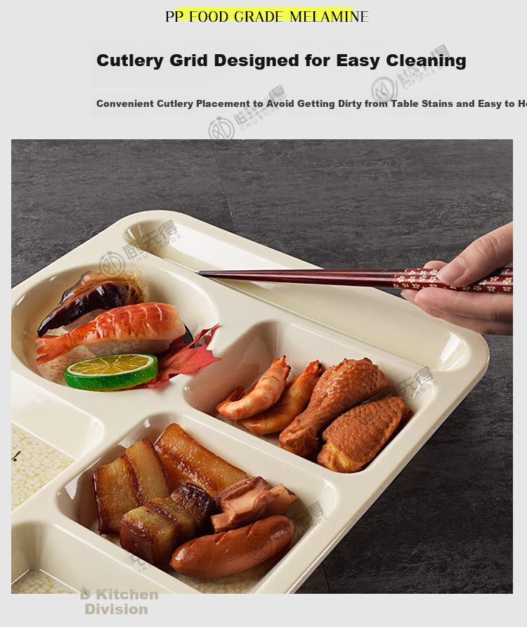 Chuxiande Commercial Extra Thick Melamine Six-Compartment Imitation Porcelain Plate, Divided Meal Tray, Fast Food Container, Serving Tray, White 6
