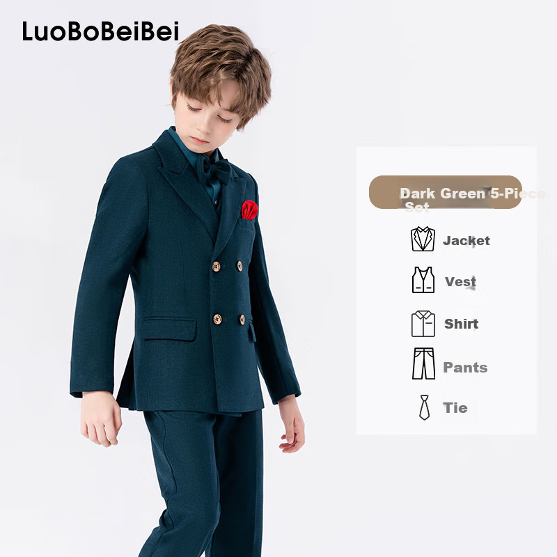 LUOBOBEIBEI Children's Suit Set, Boys' Formal Wear, Wedding Flower Boy Suits, New Year Greeting Outfits, Dark Green Five-Piece Set, Size 110