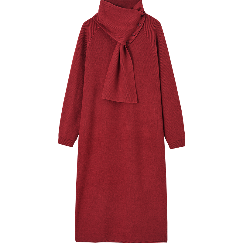 Demana "Stunning Red Glance" Winter Layered Detachable Buckle Scarf V-Neck Loose Elegant Women's Dress