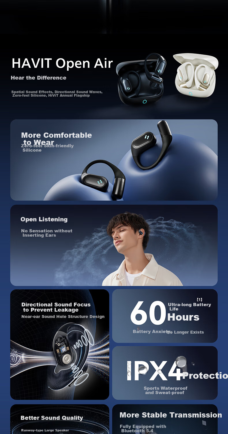 Havit Bluetooth Headphones, Over-Ear Open Design, Not In-Ear, Bluetooth 5.3 Wireless Sports Music Gaming Headphones, Compatible with Apple Huawei Xiaomi OPPO Phones, OPEN Air Beige 2