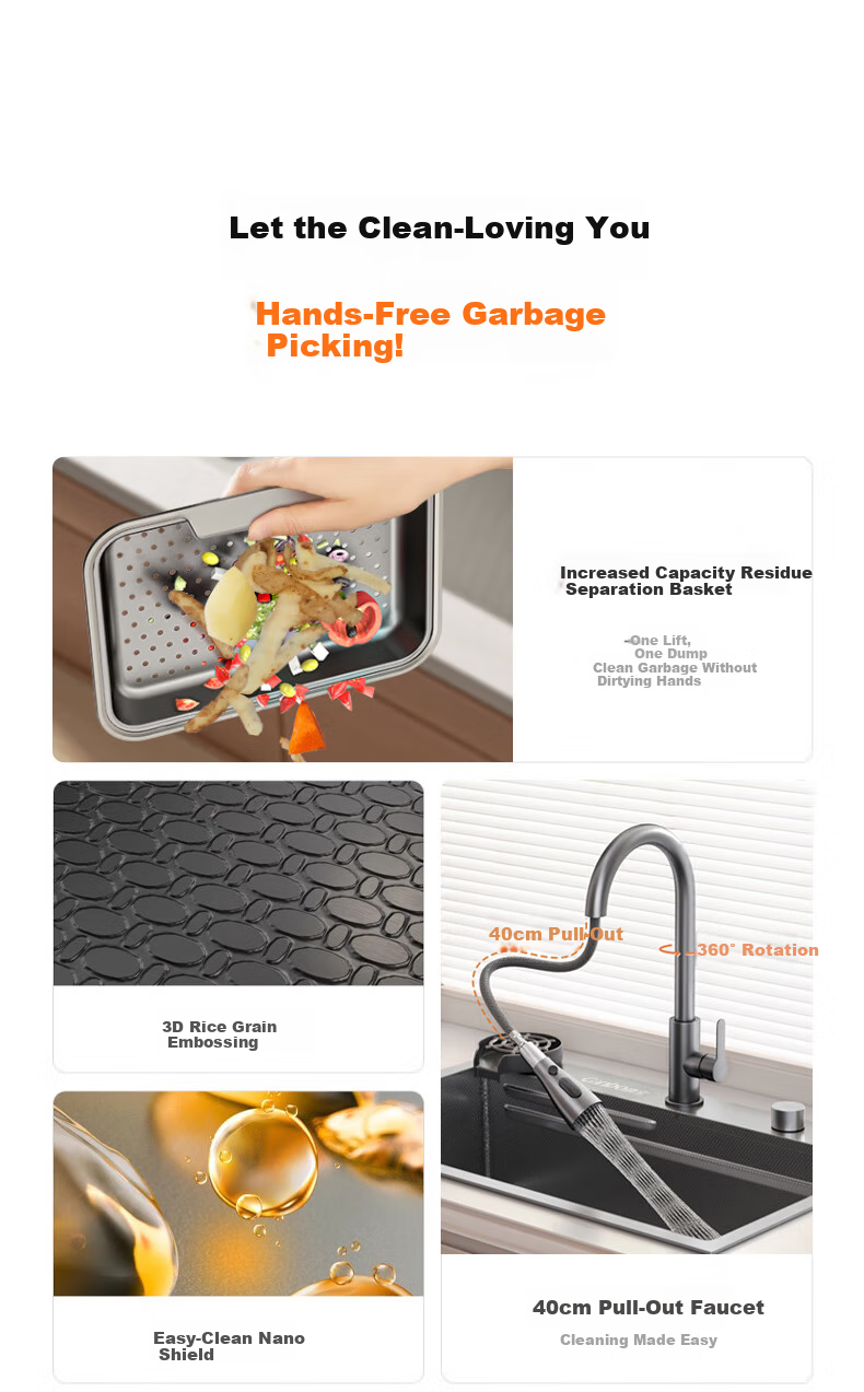 Canbo Large Single Sink, SUS304 Stainless Steel Kitchen Embossed Nano Faucet Set, Integrated Vegetable Washing Basi 4