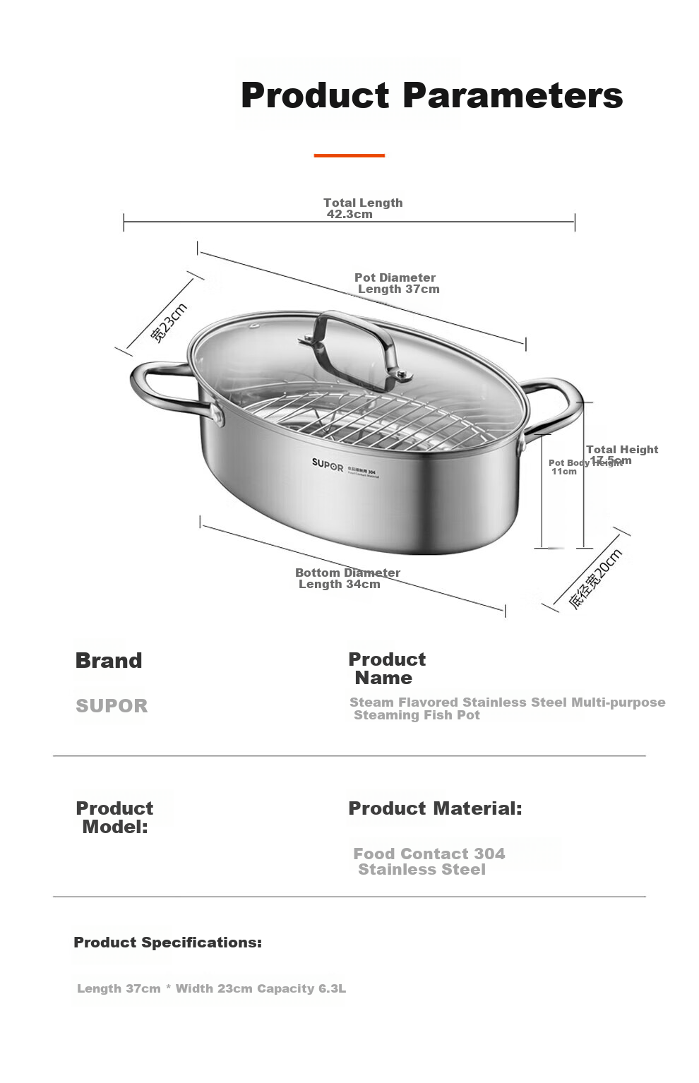 SUPOR 304 Stainless Steel Multi-Purpose Steaming Pot, 6.3L Deep Large Capacity, Visible Lid, Suitable for Open Flame And Electric Ceramic Stoves 12