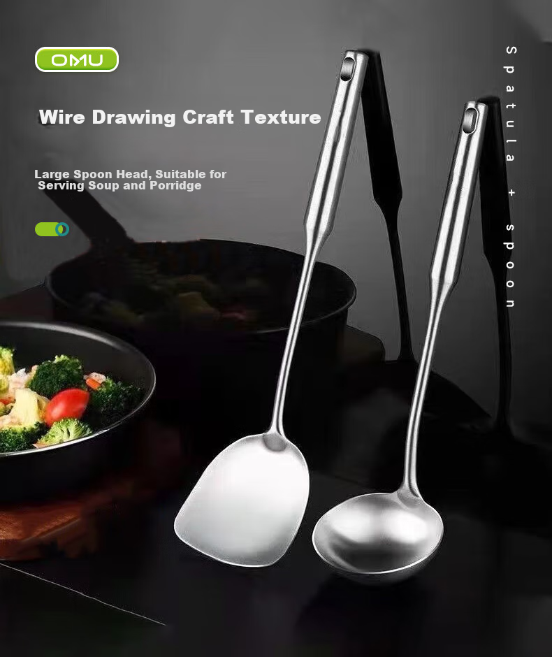 AOmeiyou Kitchen Utensils Set: 304 Stainless Steel Spatula, Wok Turner, Frying Spatula, Soup Ladle for Home Cooking 1
