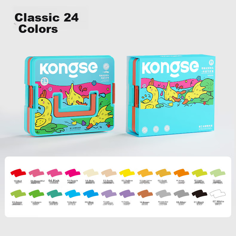 Kongse Acrylic Markers, 24 Colors, Dual-Tip Soft Tip, Watercolor Pens, Non-Translucent, Stackable, for Elementary School Students And Children, Washable, Non-Toxic Coloring Markers, Watercolor Pens, Gift, Back-To Essential 10