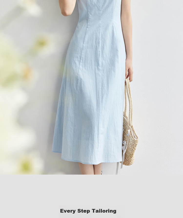 Shangdu Bila 100% Cotton A-Line Dress Women Summer Slim Waist Spaghetti Strap Square Neck Casual Mid-Length Dress 7