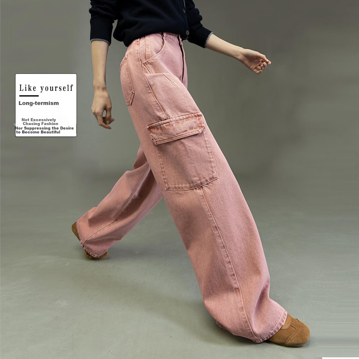 Dme [Sweet Cool Mountain Style] Spring And Autumn Asute-Dyed Nostalgic Multi-Pocket Wide-Leg Cargo Pants for Women, Denim Jeans