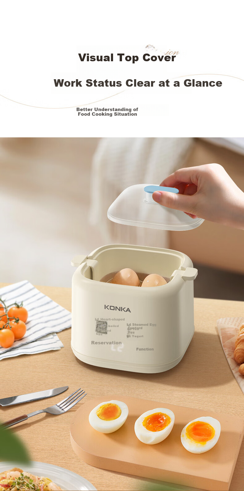 KONKA Egg Cooker, Compact Multifunctional Mini Electric Steamer, Single And Double Layer Breakfast Maker, All-In Egg Custard Machine for One Person, Home Steamer KZDQ-0303 7