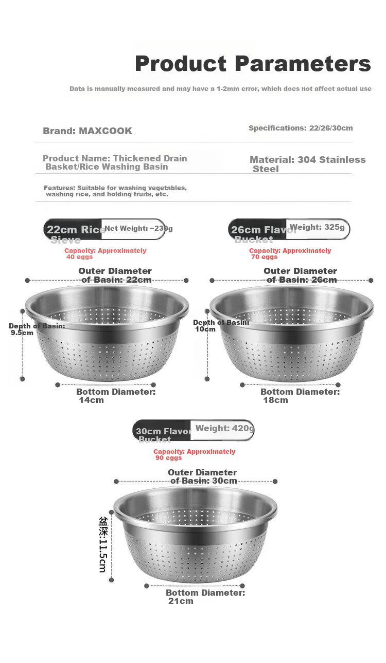 MAXCOOK Rice Strainer Colander 304 Stainless Steel, Thickened And Enlarged Draining Basin for Rice Washing, Vegetable Cleaning And Fruit Washing, 26cm MCWA859 5