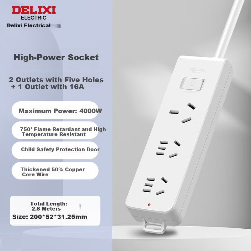 DELIXI 16A High-Power Air Conditioner Socket/power Strip/extension Cord with 3-Outlet Master Switch, Total Length 2.8 Meters
