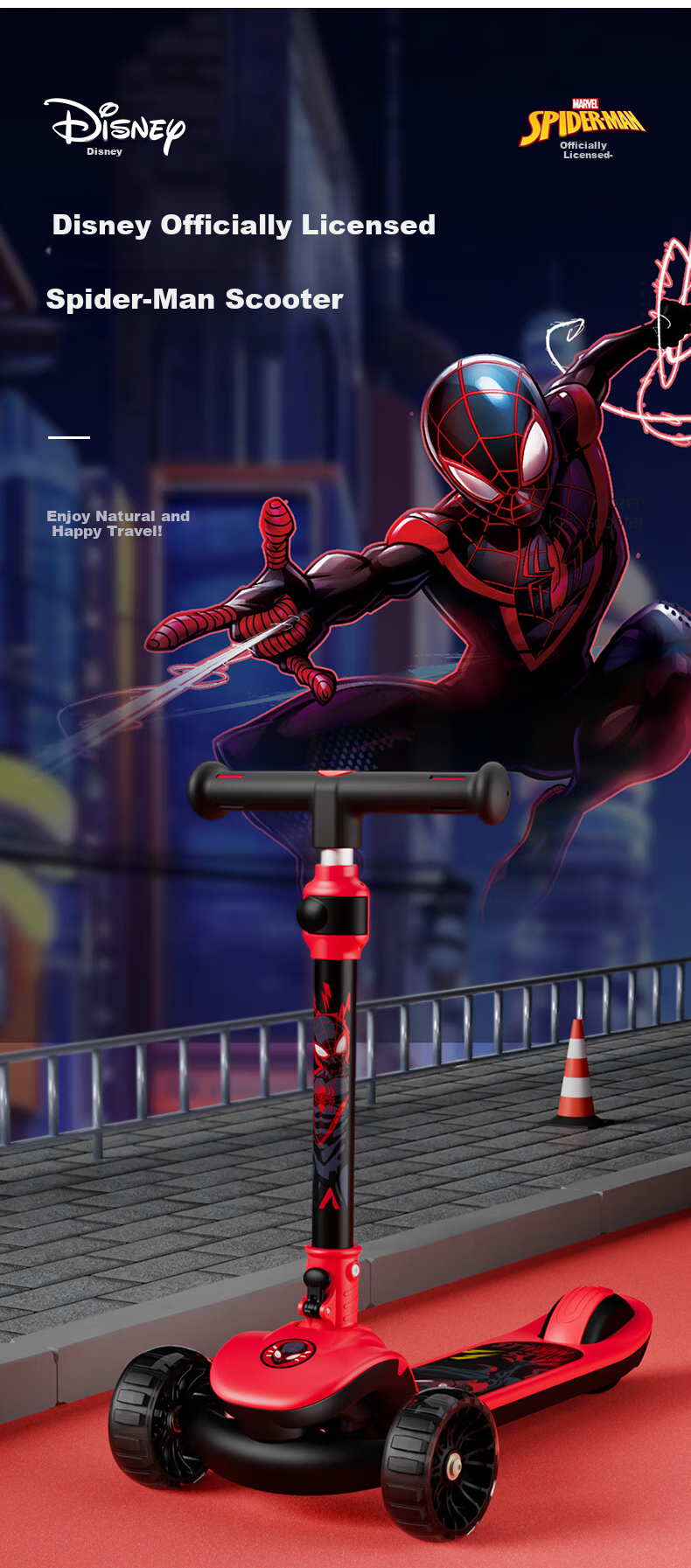 Disney Children's Scooter for Ages 3-6 Adjustable Speed Scooter with Flash Wheels for Older Kids, Marvel Spider-Man Desig 3
