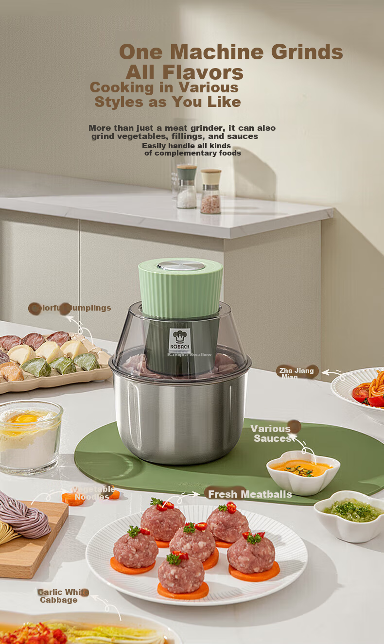 KOBACH Meat Grinder, Home Wireless Electric Multifunctional Seasoning Machine, Small Mixer, Mincer, Garlic Press, Baby Food Supplement Puree Maker, Food Processor, 1.5L 5