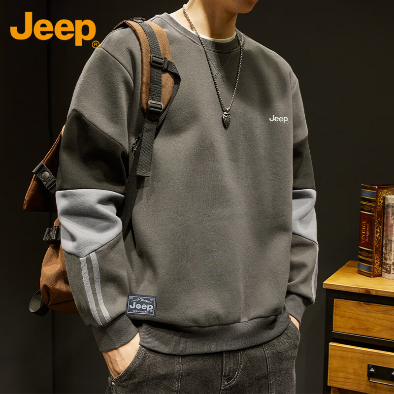 JEEP Men's Sweatshirt, Loose-Fitting Embroidered Base Layer for Spring And Autumn, Casual Top, Men's Clothing, Gray, 2XL