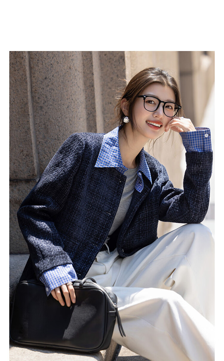Dme [Revisiting Old Dreams] Autumn Light Luxury Chanel-Style Contrasting Color Patchwork Detachable Lapel Plaid Loose Women's Jacket 2