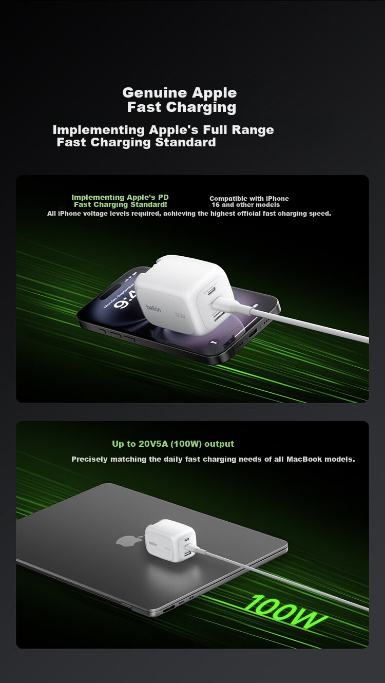 BELKIN Apple Charger, 100W Gallium Nitride 3-Port Fast Charging Adapter, Power Supply for Apple IPhone 17 Tablet, Compatible with PD3.1 And PPS Protocols 5