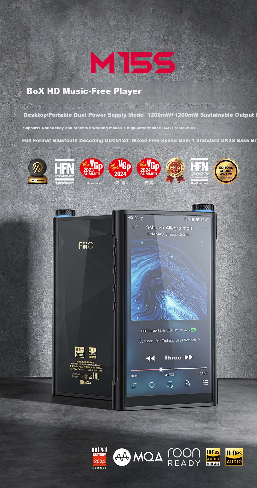 FiiO M15SHiFi Player, MP3 Lossless Music, Android Portable, Bluetooth WiFi Balanced DSD Decoding Player, M15S 2