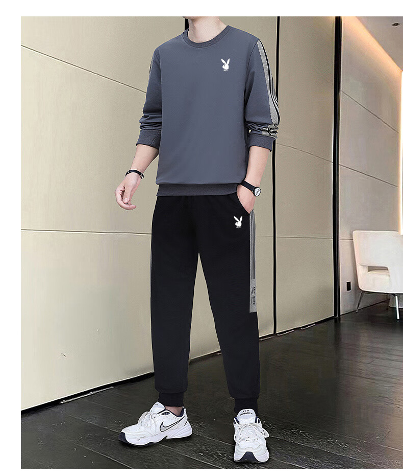 Playboy Men's Long Sleeve T-Shirt and Pants Set Spring Autumn Casual Sports Two-Piece Black L 18