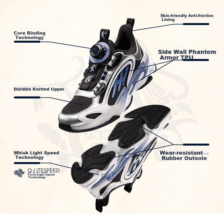 QIAODAN Boys' Running Shoes Spring Autumn Children's "Classic of Mountains and Seas" Collaboration Sports Shoes Black/Sangtian Blue Size 39 6