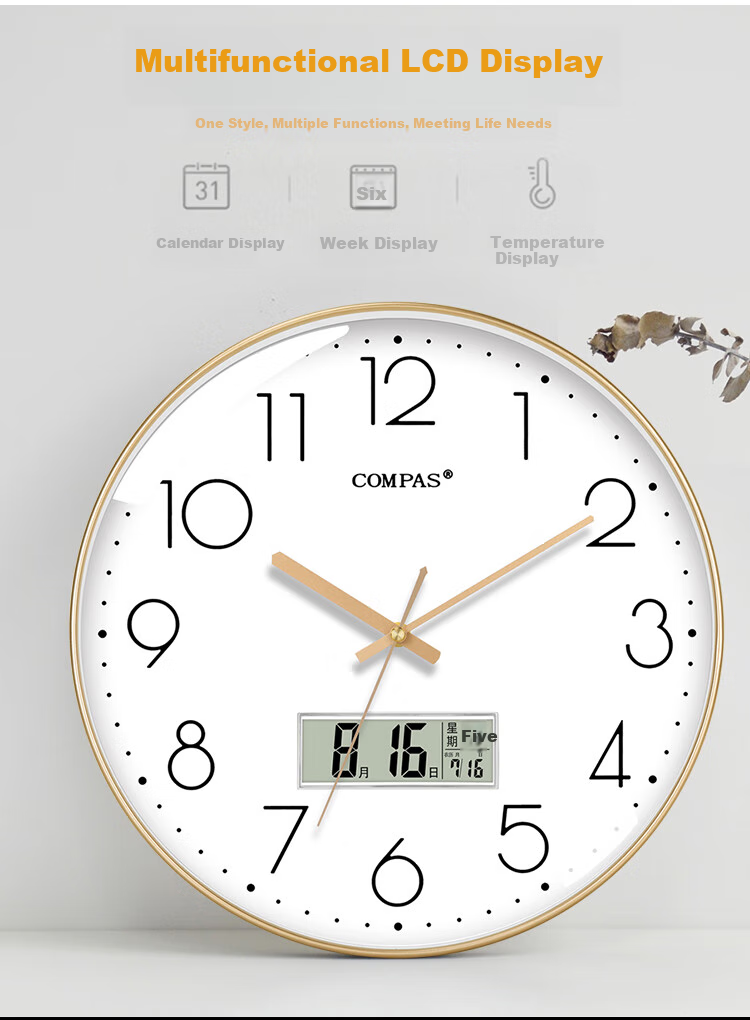 Compas Wall Clock, Creative Minimalist Timepiece, Living Room Quartz Clock, Bedroom Wall-Mounted Timepiece C3242, Light Luxury Gold, 28cm 3