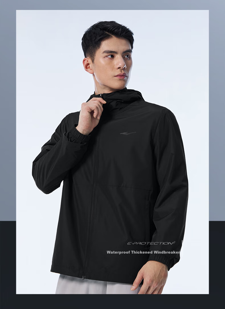 ERKE [Yu Shi Same Style] Water-Resistant Jacket for Men, Spring Stand-Collar Hooded Coat, Outdoor Sports Windbreaker 3