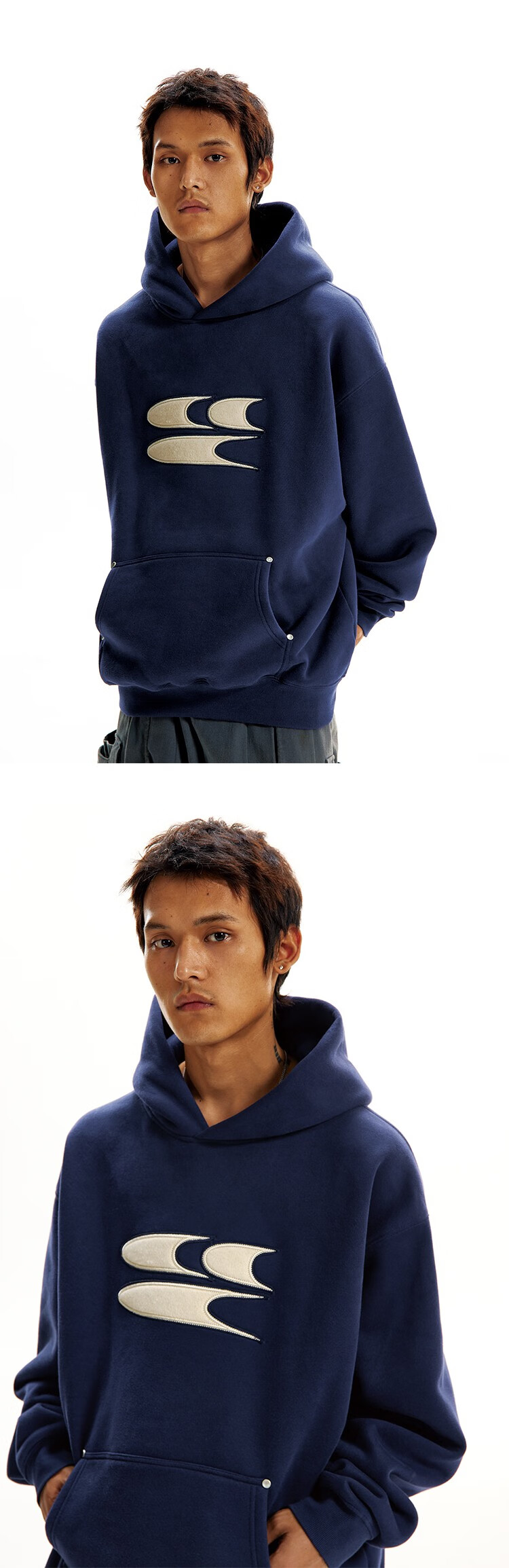 Crying Center Blue Wool Layered 3C Logo Fleece Sweatshirt Deep Blue S [Wen Qi Same Style] 13