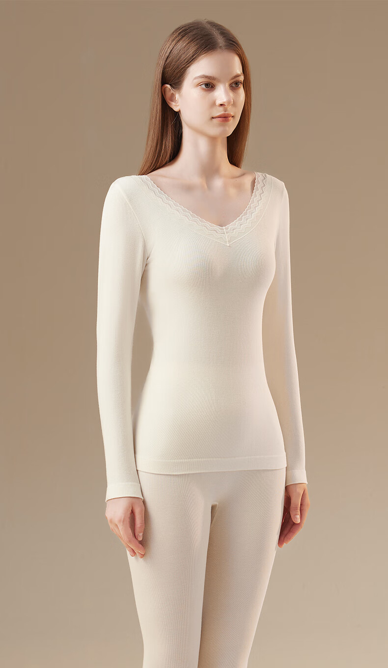 Miiow 2025 New V-Neck Lace Wool Lightweight Shaping Seamless Thermal Underwear Set for Women Slim Fit Autumn Top and Bottom 13