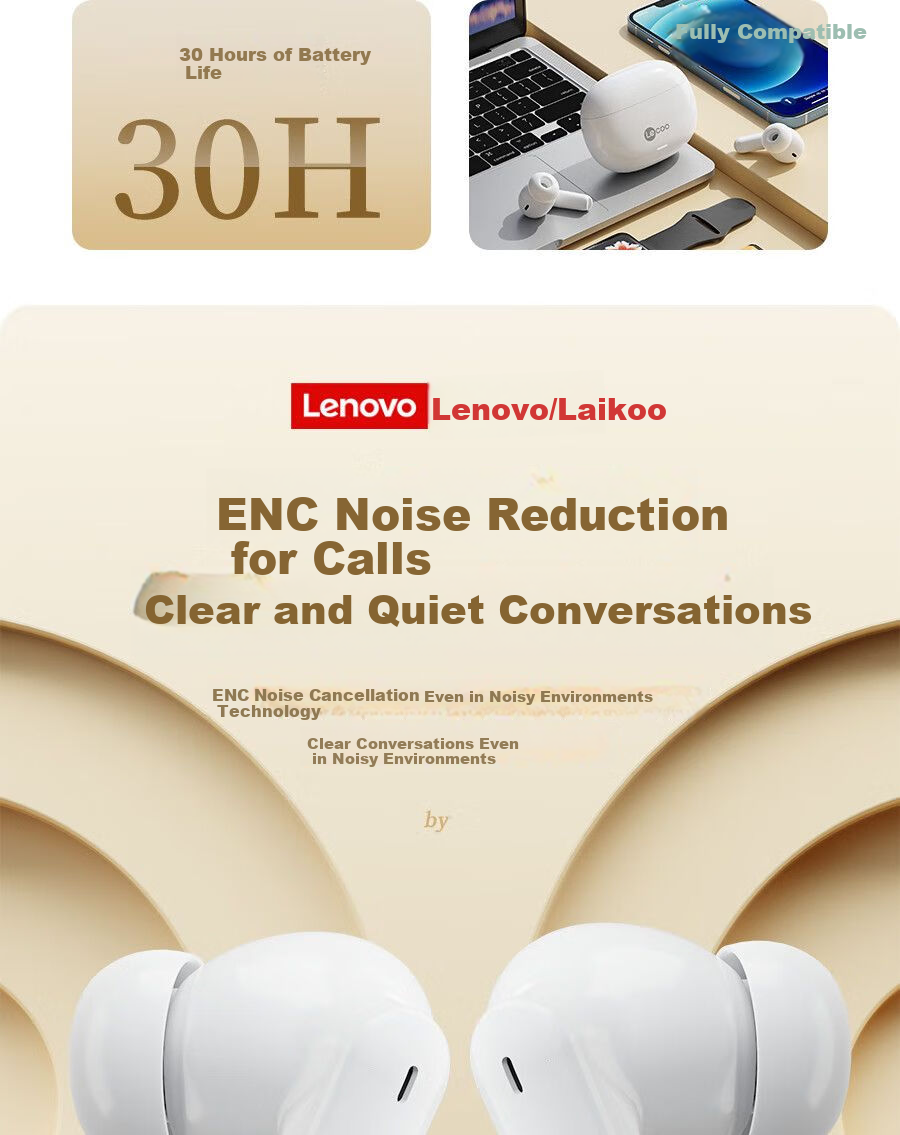 Lenovo Lai Ku EW322 True Wireless Bluetooth Earbuds, In-Ear Touch Control Music Gaming Sports Running Noise-Cancelling Earphones, Compatible with Apple Huawei Xiaomi Phones, Black 3