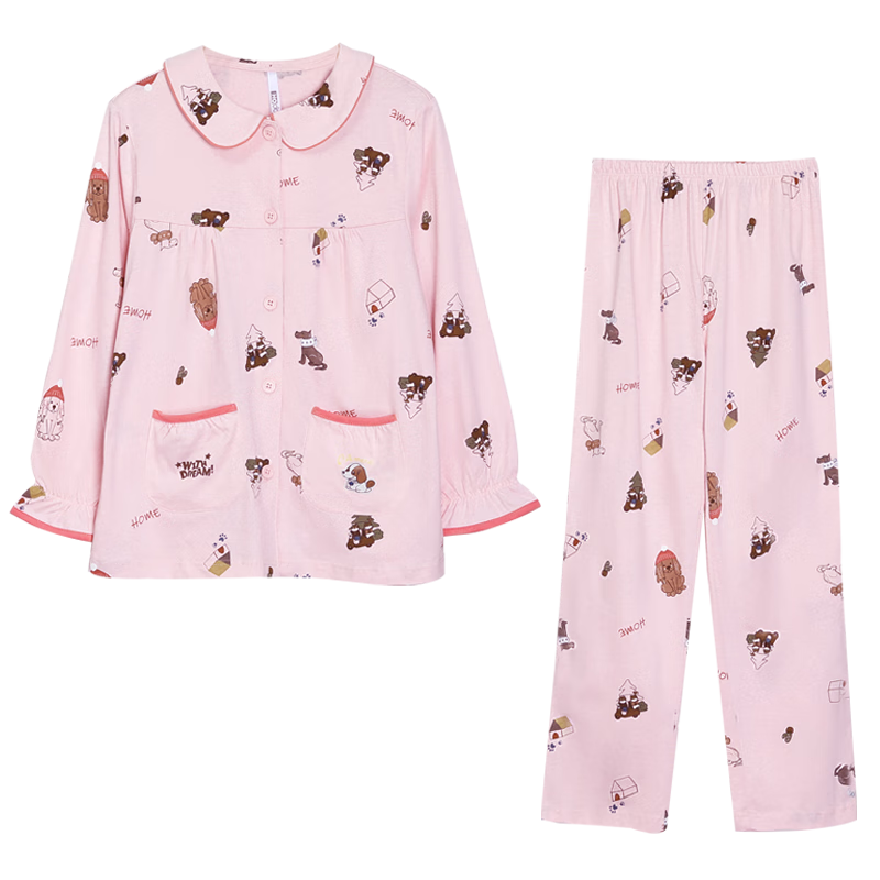 Hodohome Children's Pajamas, Girls' Class A Pure Cotton Loungewear, Cartoon All-Over Print Long-Sleeve Cardigan Set, Size 100 120