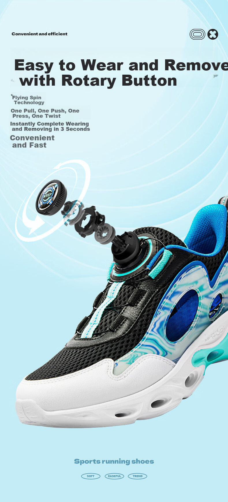 XTEP Children's Shoes, Boys' Cage Shoes, Breathable Rotating Buckle Running Shoes, Black/New White/Prussian Blue, Size 33 8