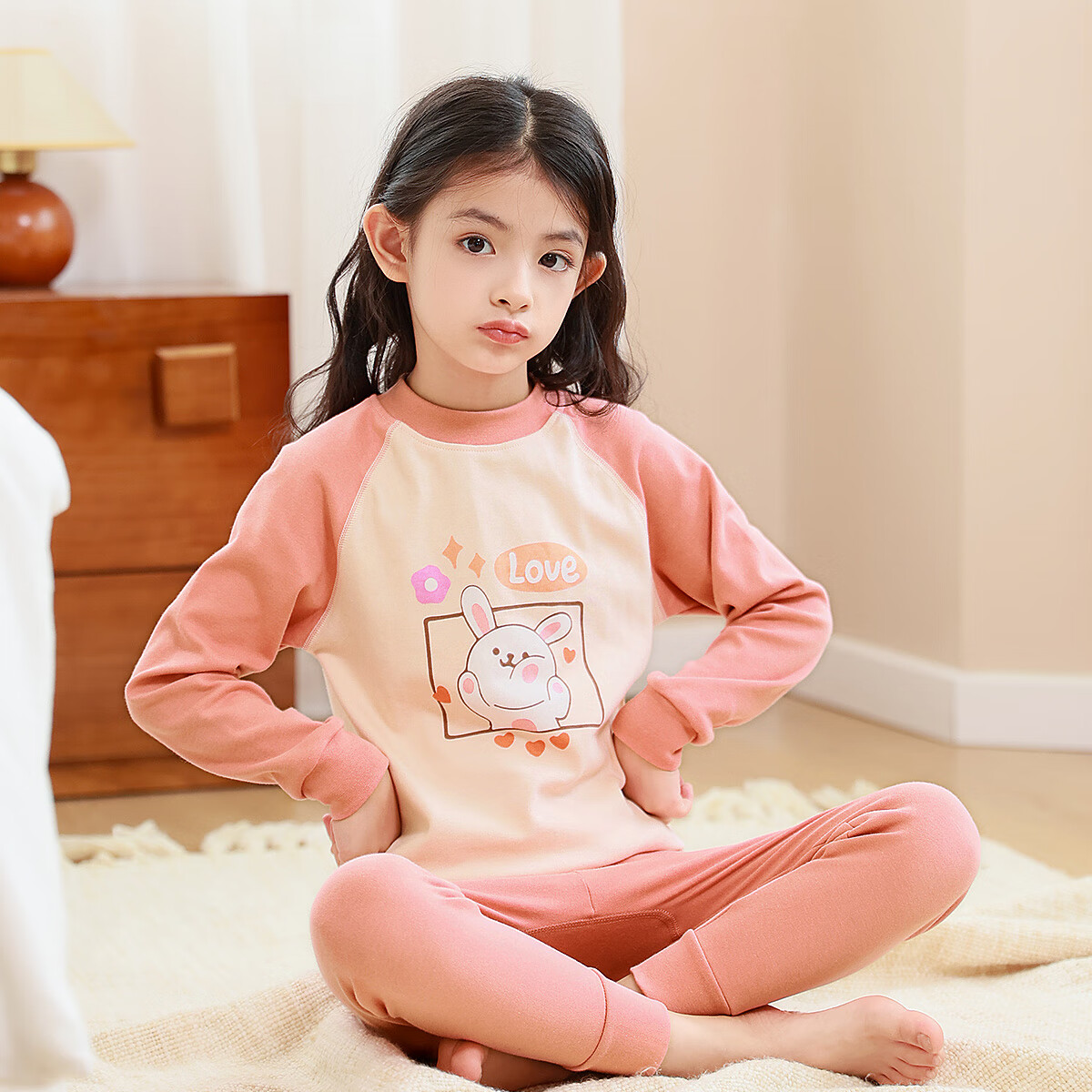 DEESHA 5A Antibacterial 100% Cotton Girls' Thermal Underwear, Student Mid to Big Kids Autumn Top And Pants, Light Pink Heart Rabbit, Size 120