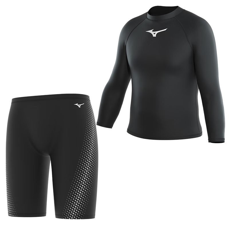 MIZUNO Men's Swimwear Set: Quick-Dry Chlorine-Resistant Anti-Embarrassment Long-Sleeve Swimsuit And Shorts Summer Sports Gear 1127 Black L