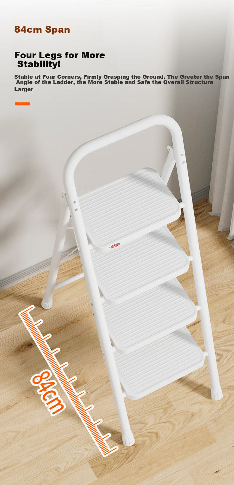 DU PONT Ladder, Household Ladder, Indoor Thickened Carbon Steel A-Frame Ladder, Multifunctional Climbing Ladder, Handrail Ladder [Bright Moon White], 3 Steps 8