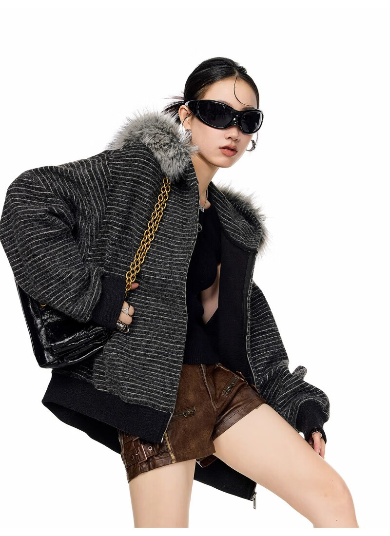 ICH MODE Women's American Style Hooded Striped Jacket with Fur Collar Autumn Winter New Zip-up Sweatshirt Cardigan Black M 11
