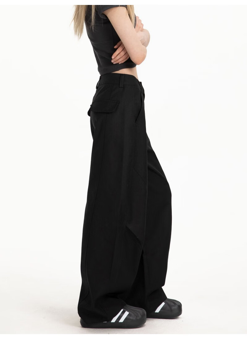ICH MODE Women's American Style Autumn Winter Loose Straight Relaxed Curved Wide Leg Casual Pants Black L 5