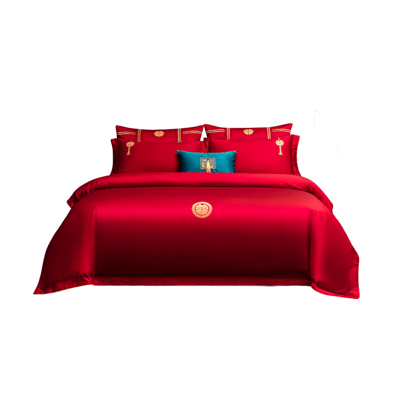 JD Original Dahixijingxiu Wedding Bedding Set, 60s Satin Pure Cotton Chinese Style Wedding Red Traditional, Xiyu 1.8m