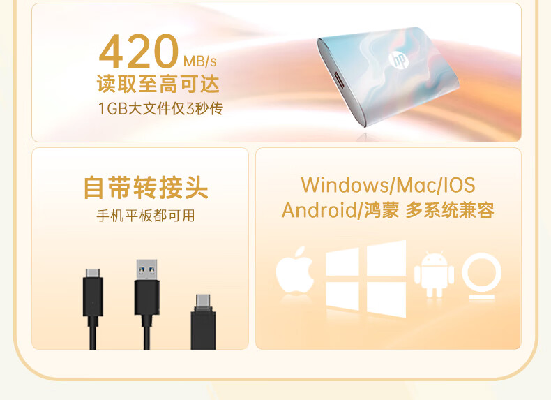 HP 4TB Type-C Portable High-Speed SSD External Solid State Drive USB 3.2 2000MB/s Read Speed Dual-Use for Mobile and PC 2