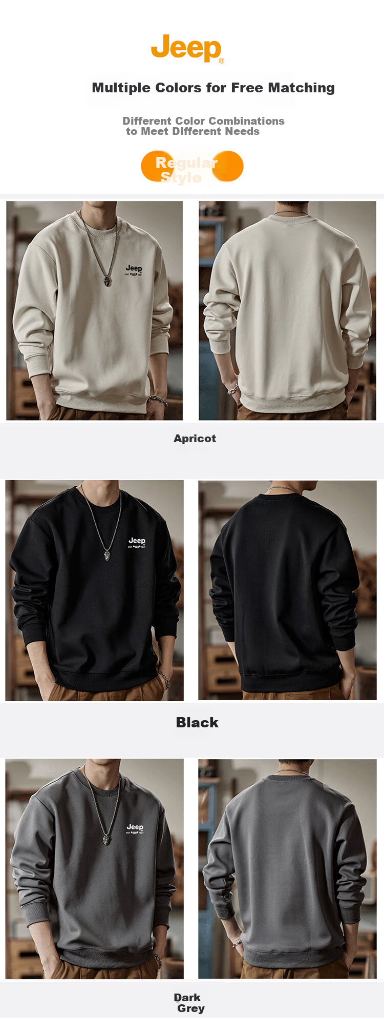JEEP Men's Sweatshirt, Loose-Fitting Round Neck Long-Sleeve T-Shirt for Spring And Autumn, Versatile Trendy Top, Apricot Color, XL Size 8