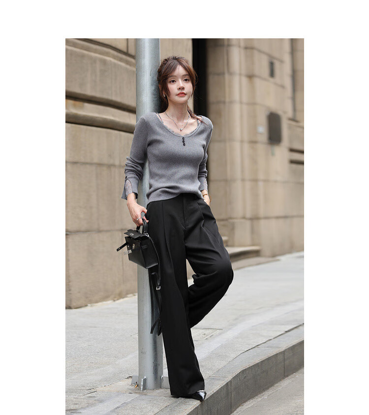 MT Slim Fit Short Wool Blend Lace Splice U-Neck Knit Sweater for Women - Autumn Collection 5