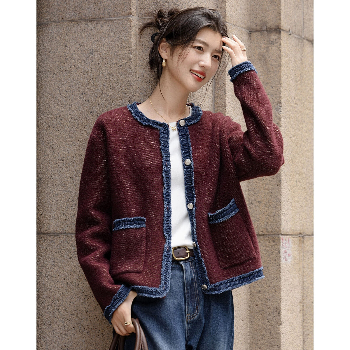 Demana Fluffy Faux Mink Hair Autumn Elegant Little Chanel Style Color Block Stitching Wrinkled Loose Knit Sweater for Women