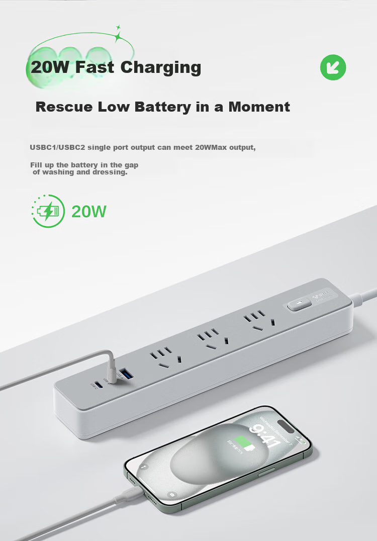 BULL 20W PD Apple Fast Charging Socket/power Strip/extension Cord Type-C+USB+6 Outlets Z Generation Total Length 1.8 Meters GN-Z1331U20J Master Switch 1