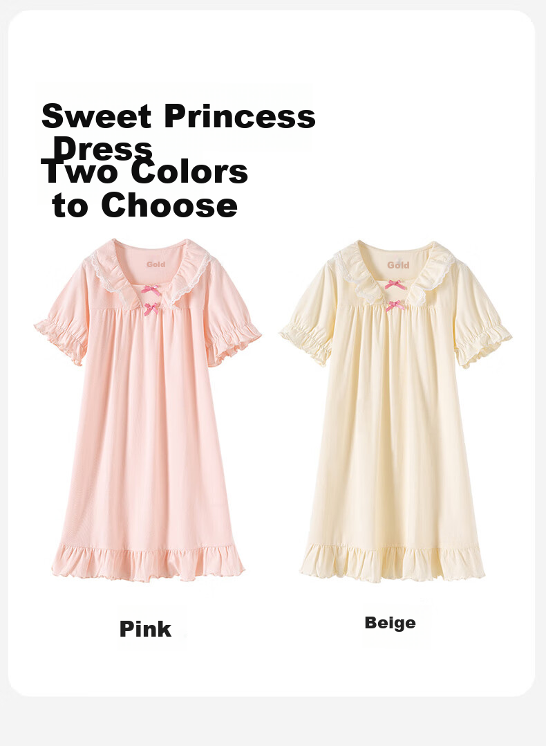 Dingguagua Girls' Nightgown, Summer Princess Style, Class A Pure Cotton Long Dress, Children's Pajamas, Loungewear, Parent-Child Dress, Light Pink, Size 130 8