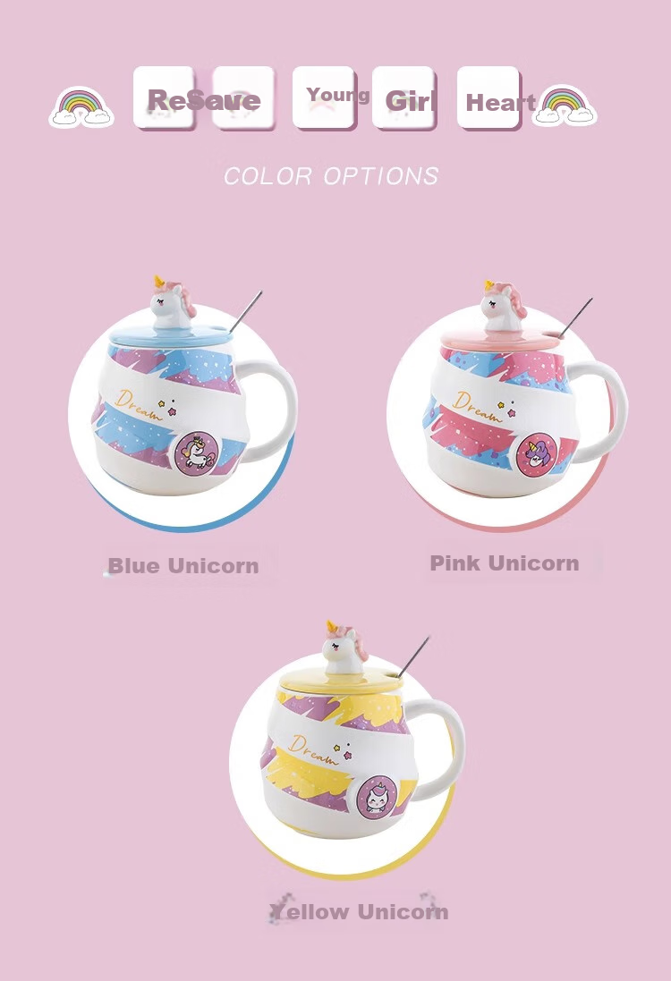 PINYU Mug, Coffee Cup, Ceramic Water Cup, Birthday Gift with Lid And Spoon, Pink Unicorn Design, 400ml Capacity 3