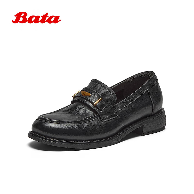 Bata Women's Loafers Spring Autumn Winter New Cowhide Chunky Heel Slip-On Shoes 15711CA5 Black Size 38